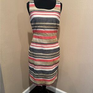 The Limited Coral, Grey/Navy, Cream & Black Striped Sleeveless Midi Dress